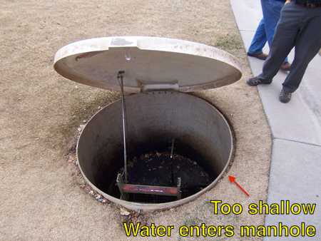 A Packaged Metering Manhole from Tracom.  The manhole was set too shallow.  The result is surface water running into the manhole as well as the risk of damage by grounds maintenance workers.  Note the missing edge gasket and general poor weathering of the domed top.