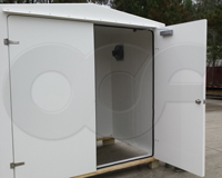 double doors on a fiberglass equipment shelter manufactured by Openchannelflow